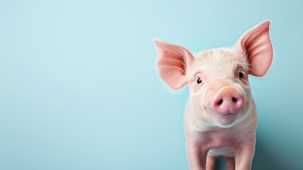 A piglet against a pale blue background looking forward