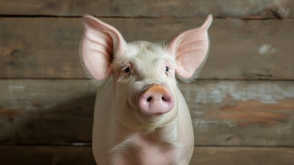 Close-up of a piglet with a wooden backdrop