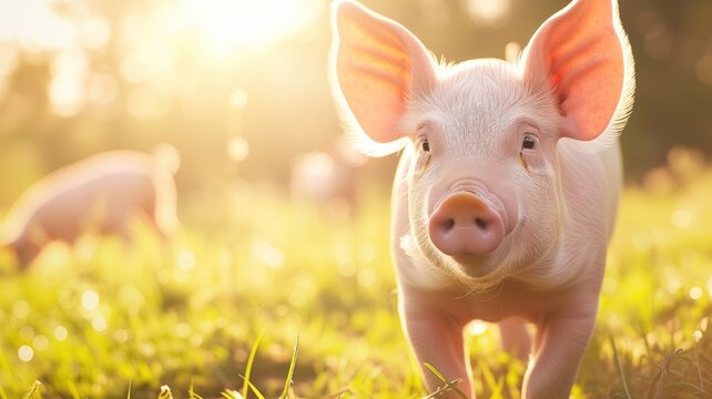 Piglet in sunlight on green grass
