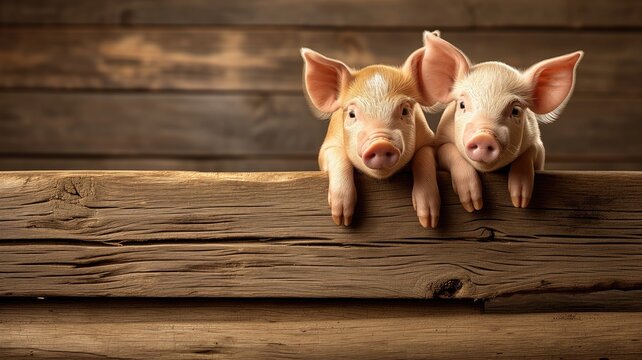 Two piglets peeking over a wooden fence