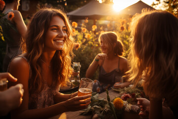 Gente feliz disfrutando en una reunión social celebrando juntos.Chica y grupo de amigos disfrutando de un refresco o cerveza en el jardín. Imagen idílica con dramática luz del atardecer. - obrazy, fototapety, plakaty