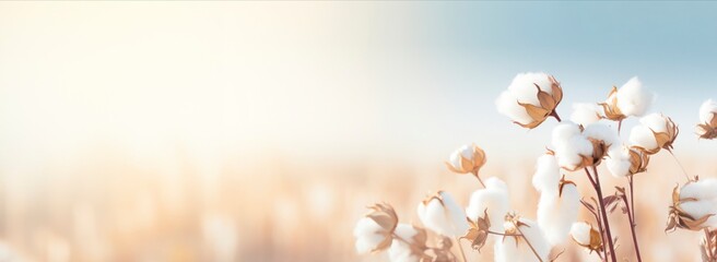 Organic cotton balls on a branch, isolated on blue background. Delicate white cotton flowers, Natural organic fiber, agriculture, cotton seeds, raw materials horizontal banner, copy space for text