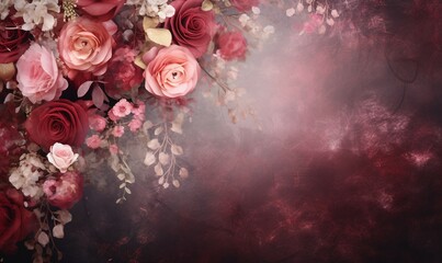 Bouquet of red and pink roses on a grunge background