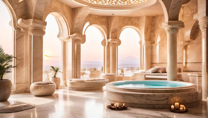 Magnificent hammam in light marble relax - obrazy, fototapety, plakaty