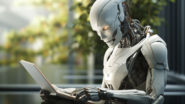 A humanoid robot studies a paper document, against a background of greenery
