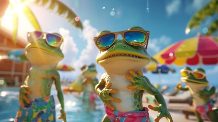 the charm of a cartoon beach party, where frogs in sunglasses and beachwear engage in lively activities under the animated sun and sea breeze.