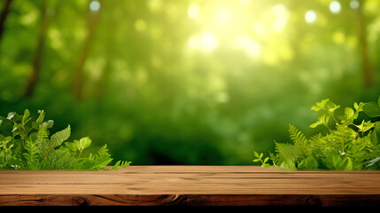 Empty Wooden Tabletop Against Green Blurry Forest Background