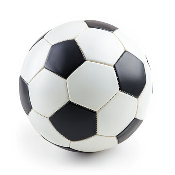 A close-up image of a traditional black and white soccer ball isolated on a white background, showcasing its detailed texture and design.