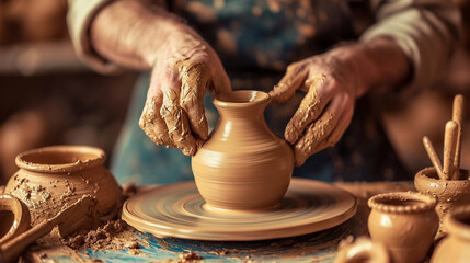 A skilled potter at the potter's wheel, hands expertly shaping clay into a beautifully intricate vase, surrounded by a palette of earthy tones and artisan tools.