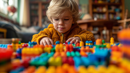 Happy little boy enjoying imaginative play with bright and colorful toy blocks