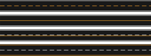 A set of straight asphalt road templates. seamless road background vector freeway road lanes with markings eps10