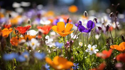 Background of Spring wildflowers. A serene image capturing delicate wildflowers against a dreamy, soft focus background of greens and blues