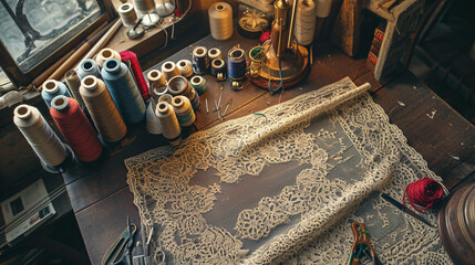 A lacemaker's workspace adorned with spools of thread, bobbins, and intricate lace patterns in progress, showcasing the meticulous and detailed art of lace-making.