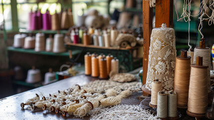 A lacemaker's workspace adorned with spools of thread, bobbins, and intricate lace patterns in progress, showcasing the meticulous and detailed art of lace-making. - obrazy, fototapety, plakaty