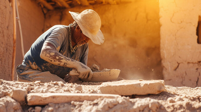 An adobe worker shaping mud into traditional adobe bricks under the warm sunlight, capturing the earthy essence of the age-old process of building with natural materials.