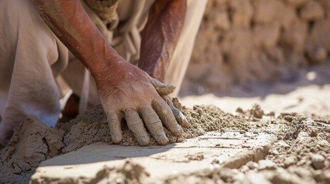 An adobe worker shaping mud into traditional adobe bricks under the warm sunlight, capturing the earthy essence of the age-old process of building with natural materials.
