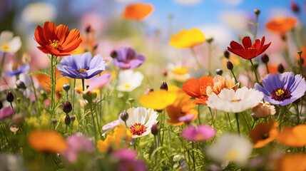 Background of Spring wildflowers. A serene image capturing delicate wildflowers against a dreamy, soft focus background of greens and blues