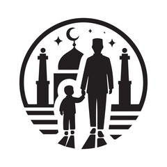 Eid Mubarak Illustration Father and Son Walking Together for Mosque Vector Silhouette and white background 