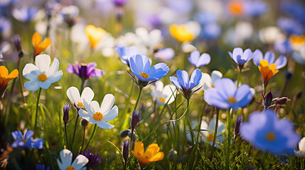 Background of Spring wildflowers. A serene image capturing delicate wildflowers against a dreamy, soft focus background of greens and blues