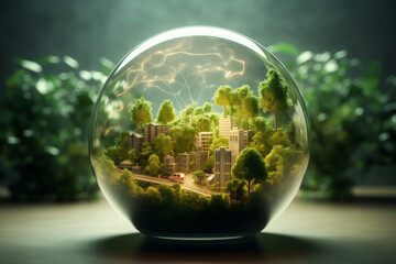 Green micro world with trees, houses, roads, cars in a glass bulb in rays of light on the background of plants