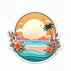 Fototapeta na wymiar Tropical Paradise Coastal Landscape Illustration Featuring a Sunny Beach Scene with Palm Trees, Crystal Clear Ocean Waves, and Relaxing Sun Loungers, Ideal for Summer Vacation and Travel Designs