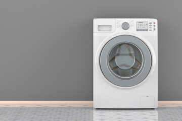 Washing machine in room near the wall, front view. 3D rendering