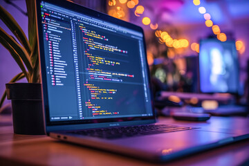 Coding, app development on monitor. Tech-related activities.