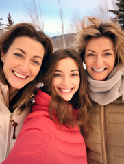 Happy friends taking selfie outdoors during winter with smartphone and winter clothing. Happy young friends laughing and having fun, different ethnicity