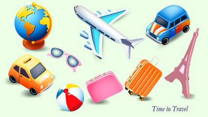 Set of cute cartoon icons on the theme of traveling. Suitcases, transportation and more . Vector illustration