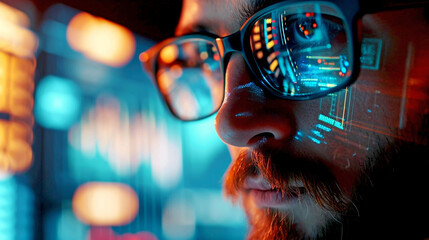 Man with Glasses Looking at the Monitor Screen - obrazy, fototapety, plakaty
