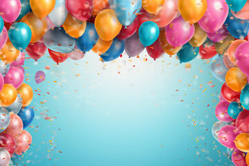 Colorful balloons floating with confetti against a clear blue background