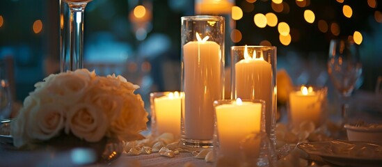 White candles, wedding ceremony, evening light, warm candlelight, glowing glass.