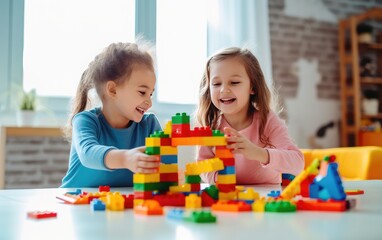 Two Young Girls Engaged in Creative Play With Colorful Building Blocks Indoors