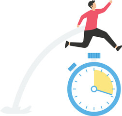 Sense of urgency, quick response attitude to get work done as soon as possible now, reaction to priority task or important concept, fast businessman running and jump high over countdown timer clock
