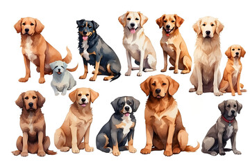 Watercolor doodle of dog types on white background