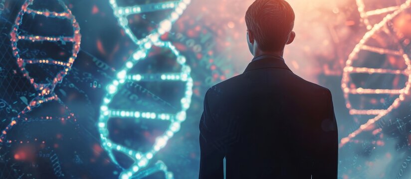 Businessperson with virtual DNA panel, facing away. - Powered by Adobe