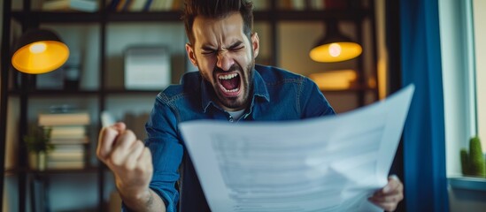 An angry guy freelancer is panicking as he looks at an official paper ordering him to pay a nonexistent debt. The nervous man reads absurd loan conditions proposed by the bank.