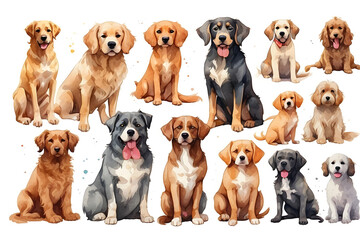 Watercolor doodle of dog types on white background
