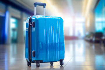Travel luggage blue suitcase in terminal empty departures, travel concept, holidays concept