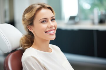 Smiling Woman in a Dental Clinic During a Routine Check-up on a Sunny Day