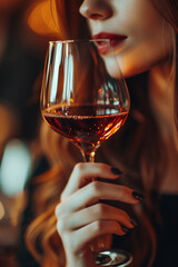close-up of a girl drinking delicious red wine