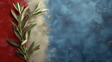 Obraz na płótnie Canvas Olive sprigs against cracked blue and red background