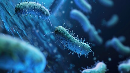 3D rendering of bacteria in blue tones - obrazy, fototapety, plakaty