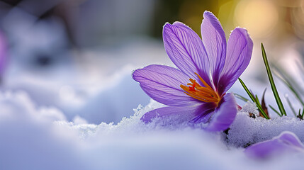 Delicate purple saffron flowers close-up. Rare purple and white striped crocus Pickwick grow on a...