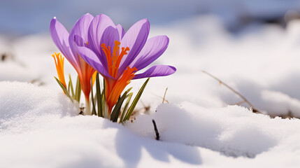 Delicate purple saffron flowers close-up. Rare purple and white striped crocus Pickwick grow on a flowerbed. Saffron harvest season. Beautiful floral background.