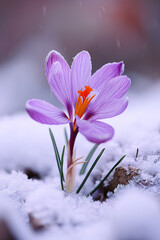 Delicate purple saffron flowers close-up. Rare purple and white striped crocus Pickwick grow on a flowerbed. Saffron harvest season. Beautiful floral background.