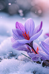 Delicate purple saffron flowers close-up. Rare purple and white striped crocus Pickwick grow on a...