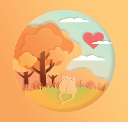 Loving cats couple in the forest nature landscape. Cute Happy Valentines Day holiday card design in a paper cut style. Vector Art