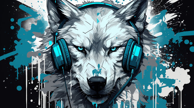 Blue Wolf with Headphones and Abstract Paint Splatter