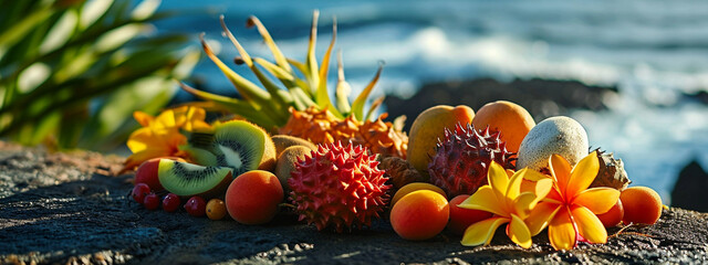 tropical fruits on mango kiwi papaya ocean background - obrazy, fototapety, plakaty
